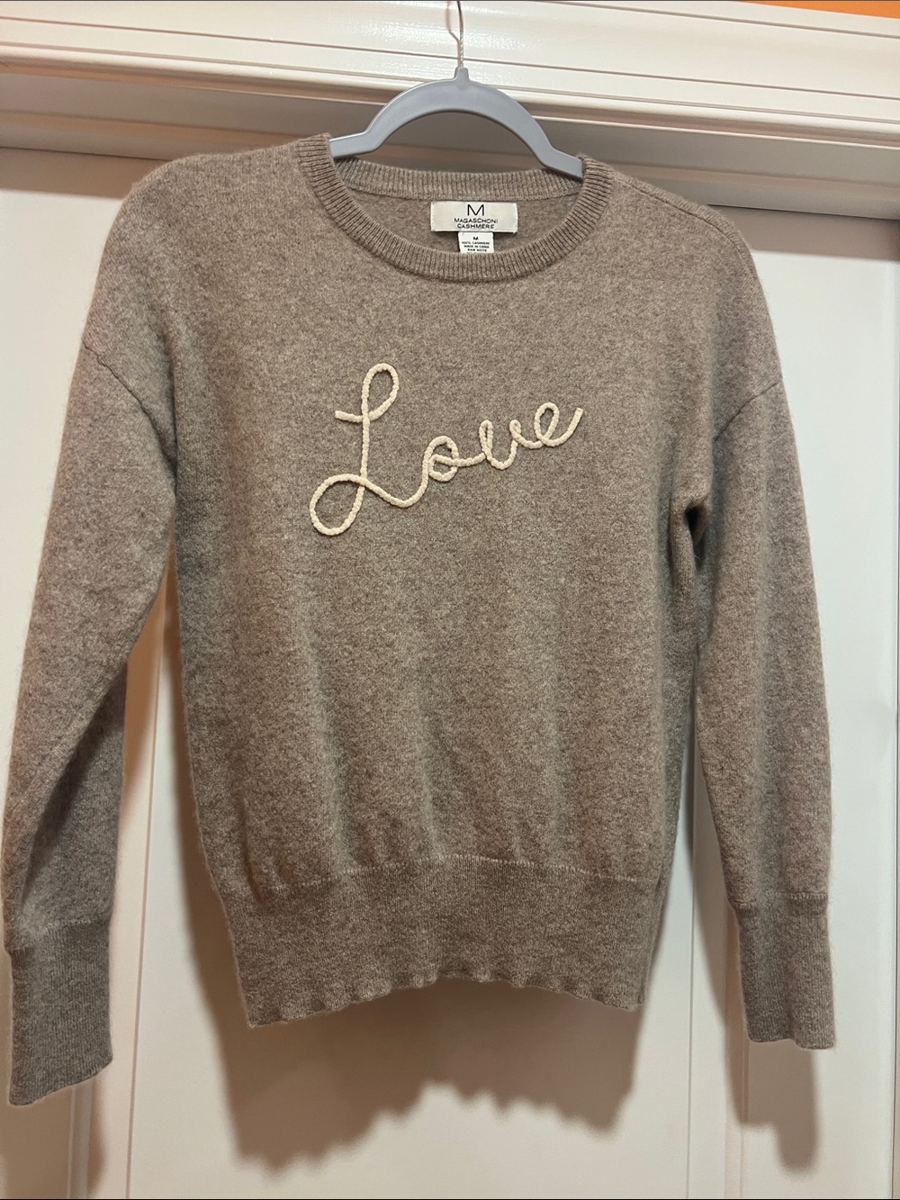 Magaschoni Taupe Crewneck Sweater with 'Love' Script
